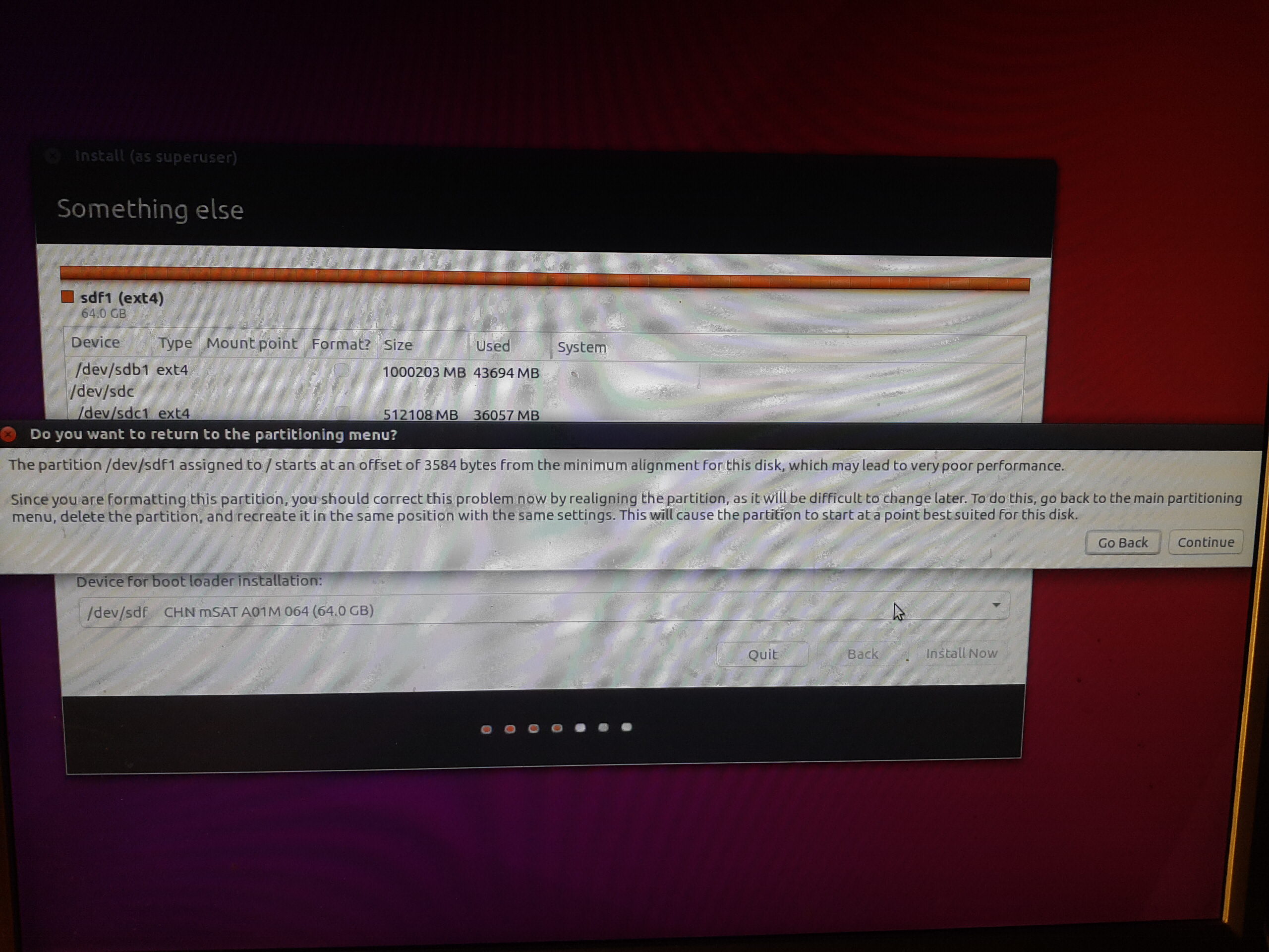 The partition /dev/sdf1 assigned to / starts at an offset of 3584 bytes from the minimum alignment for this disk, which may lead to very poor performance The partition /dev/sdf1 assigned to / starts at an offset of 3584 bytes from the minimum alignment for this disk, which may lead to very poor performance